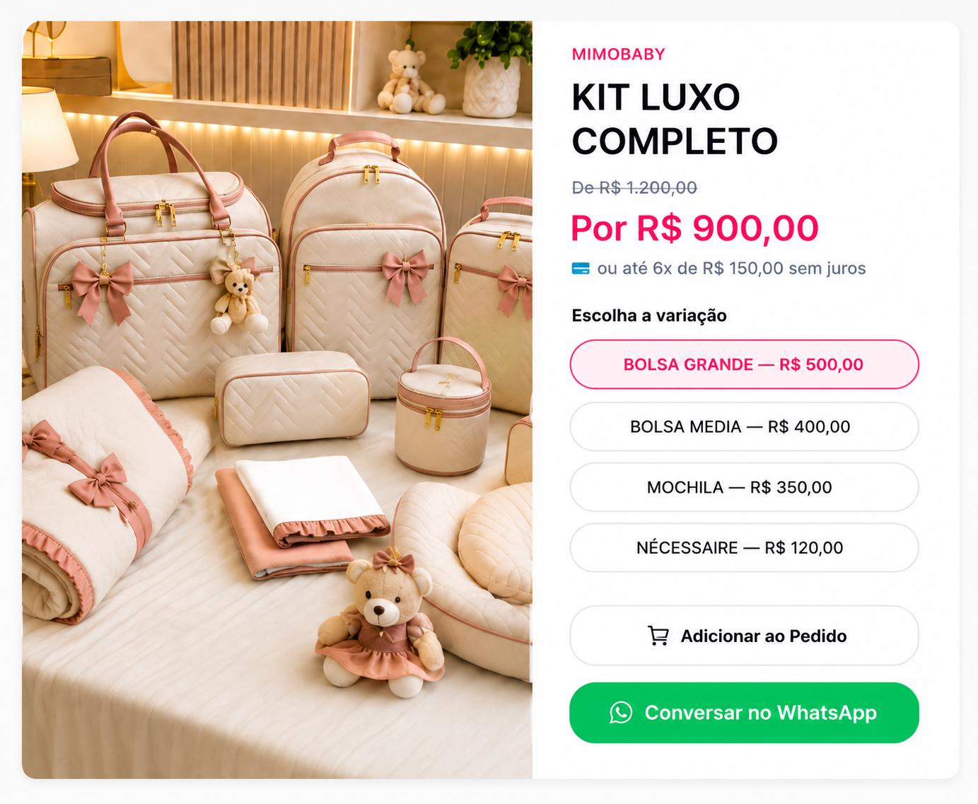 Produto com até 4 variações de tamanho e preço na loja OCatálogoPro
